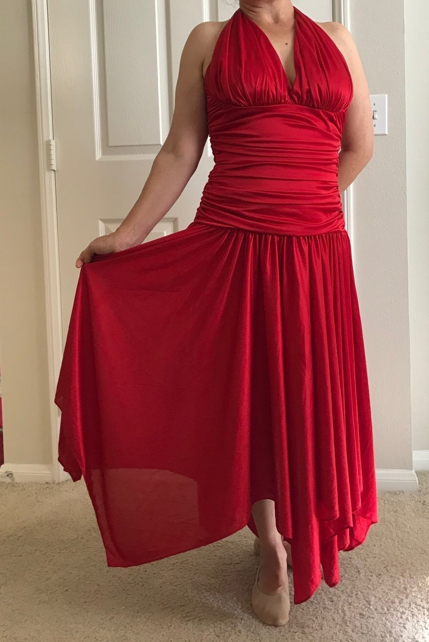 Betsy & Adam by Linda Bernal halter top elegant red dress formal