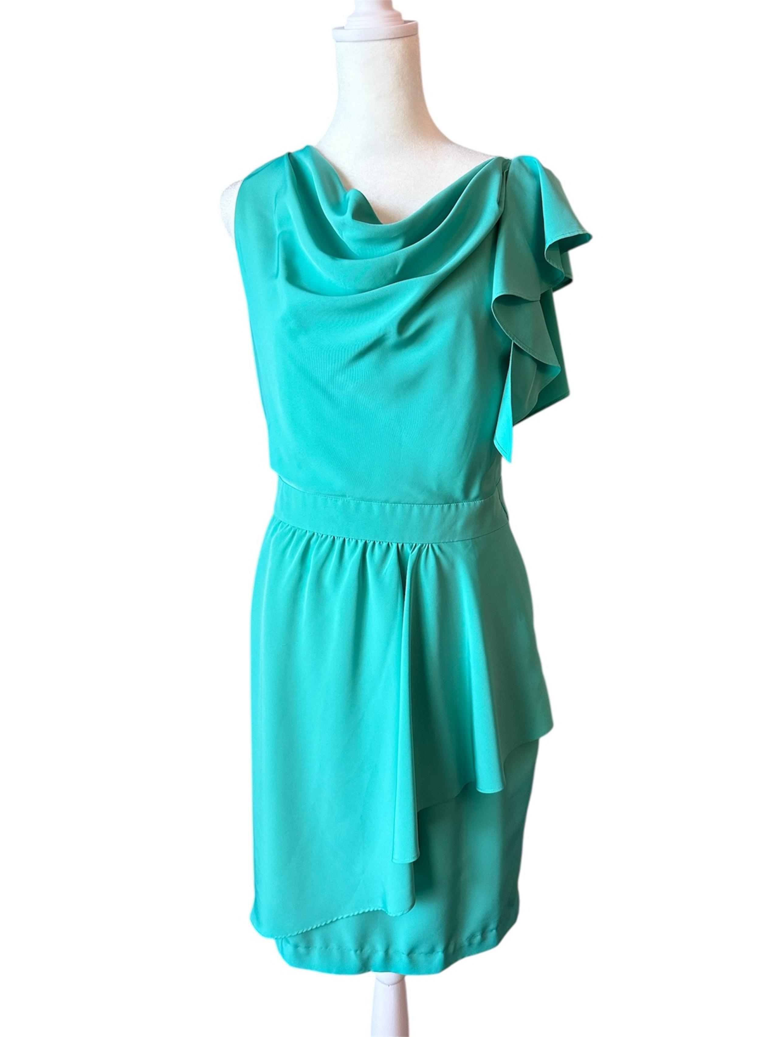 8 Julie Dillon green blue cowl drape neck asymmetrical shift dress spring