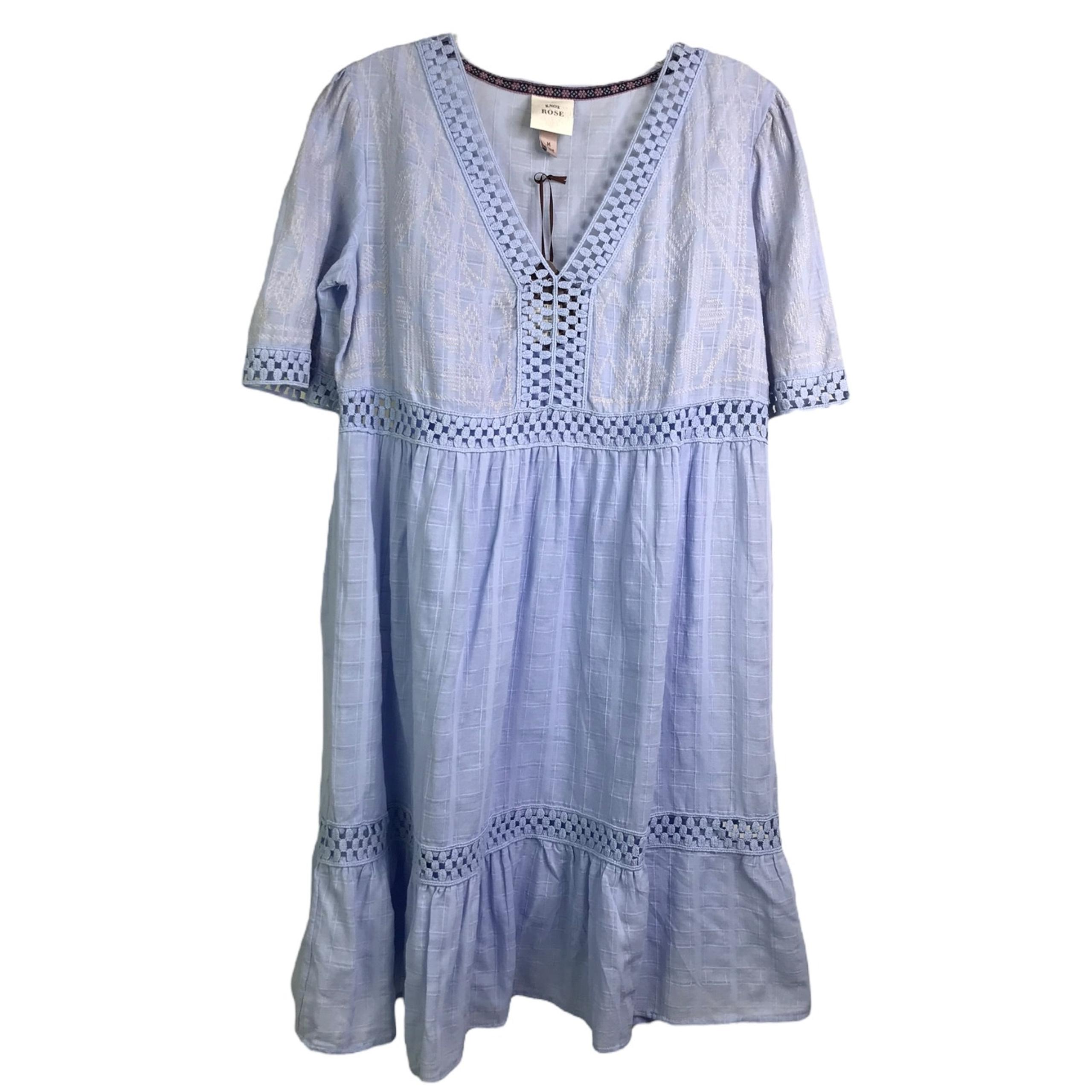 Knox Rose Dress Womens Size Medium Blue Eyelet Peasant V-Neck Short Sleeve NWT