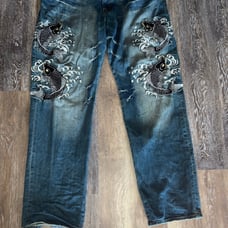 Embroidered jeans japanese koi fish evisu tamashii y2k