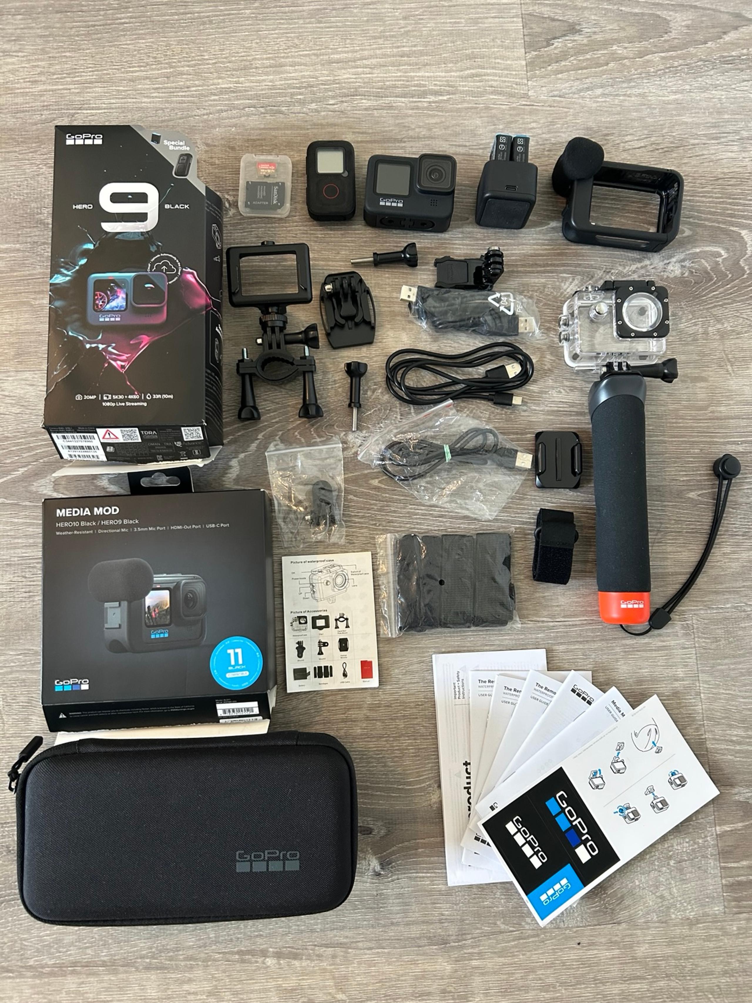 GoPro HERO 9 Remote Media Mod Handler Waterproof Case 132gb Micro SD 2 Batteries