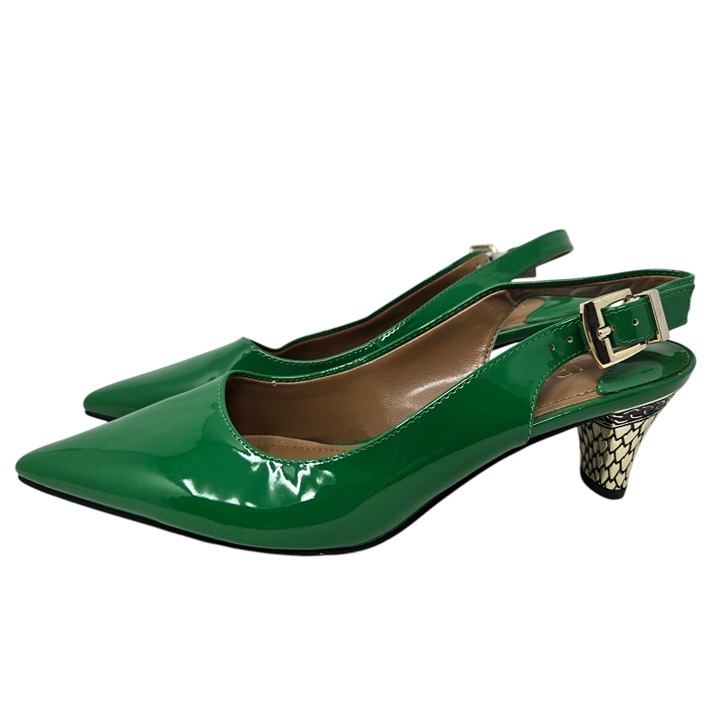 J Renee size 7.5 M Mayetta green patent sling back buckle gold scale heels