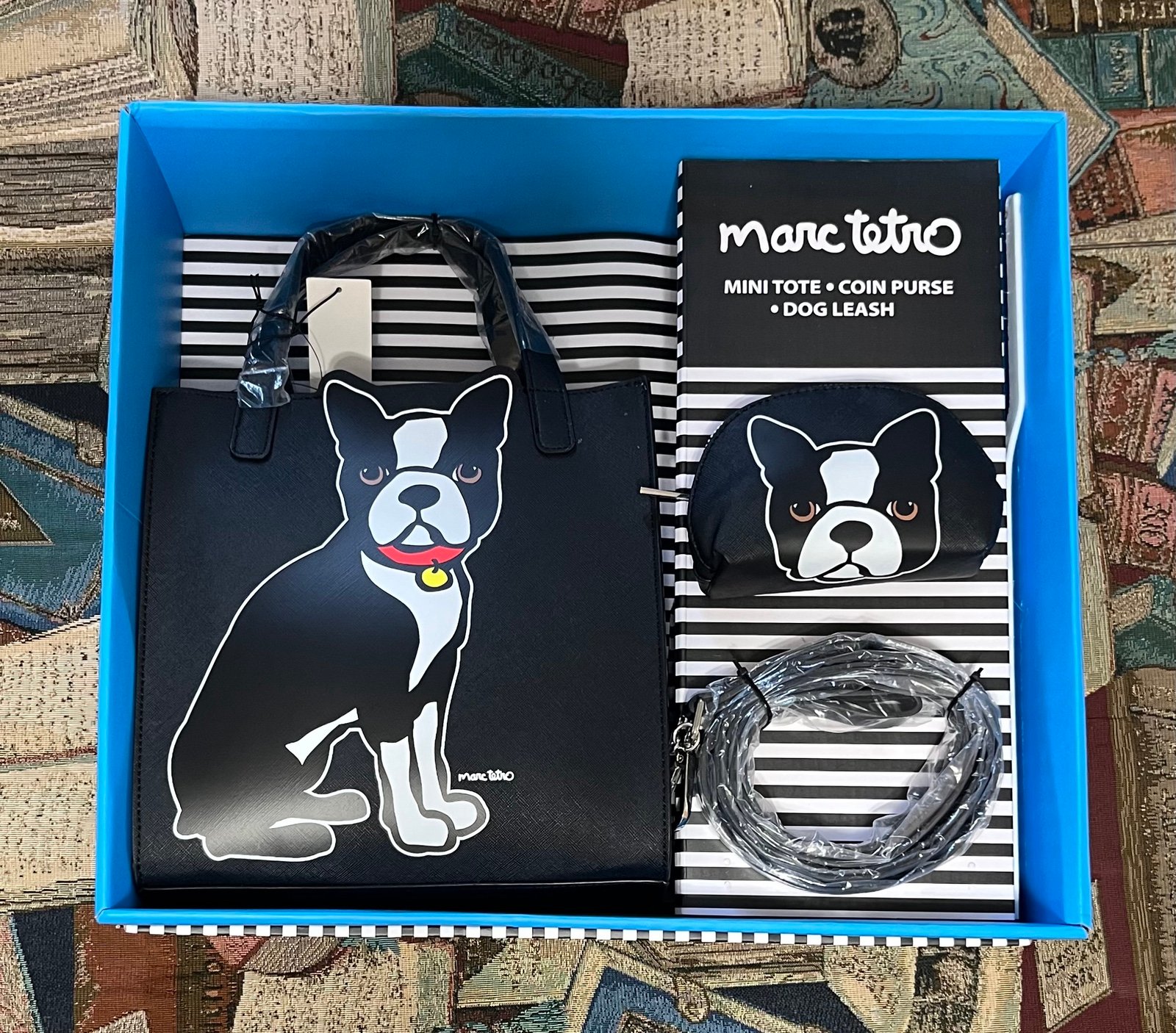 Marc Tetro Mini Tote Coin Purse Dog Leash Black & White Boston Terrier Gift Set