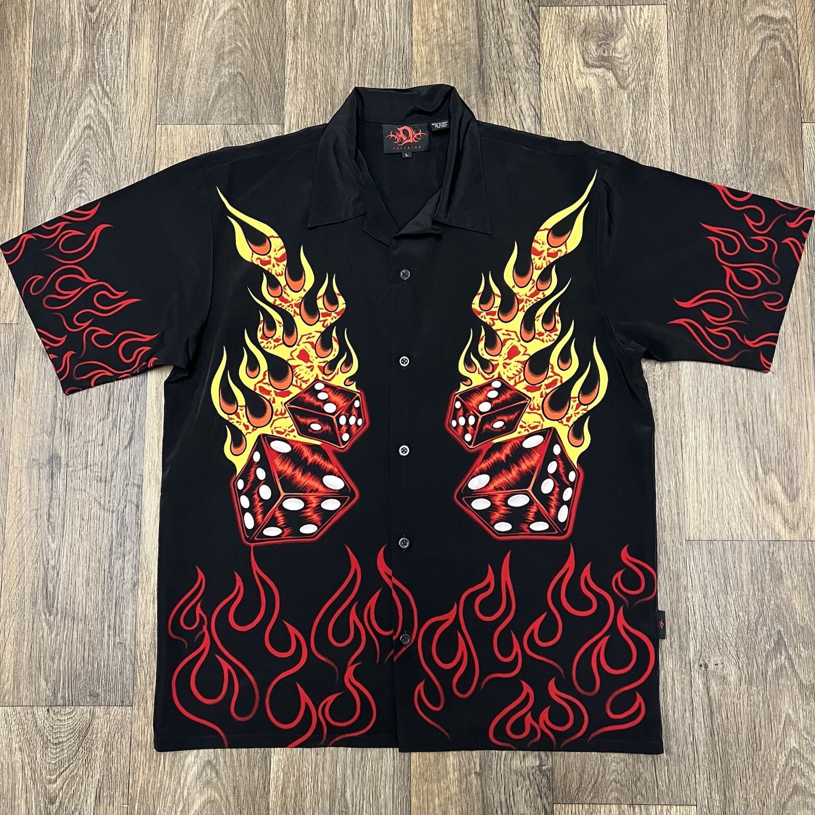 Vintage Dragonfly Shirt Mens large Black Red Dice Flames Bowling Rave Y2K AOP