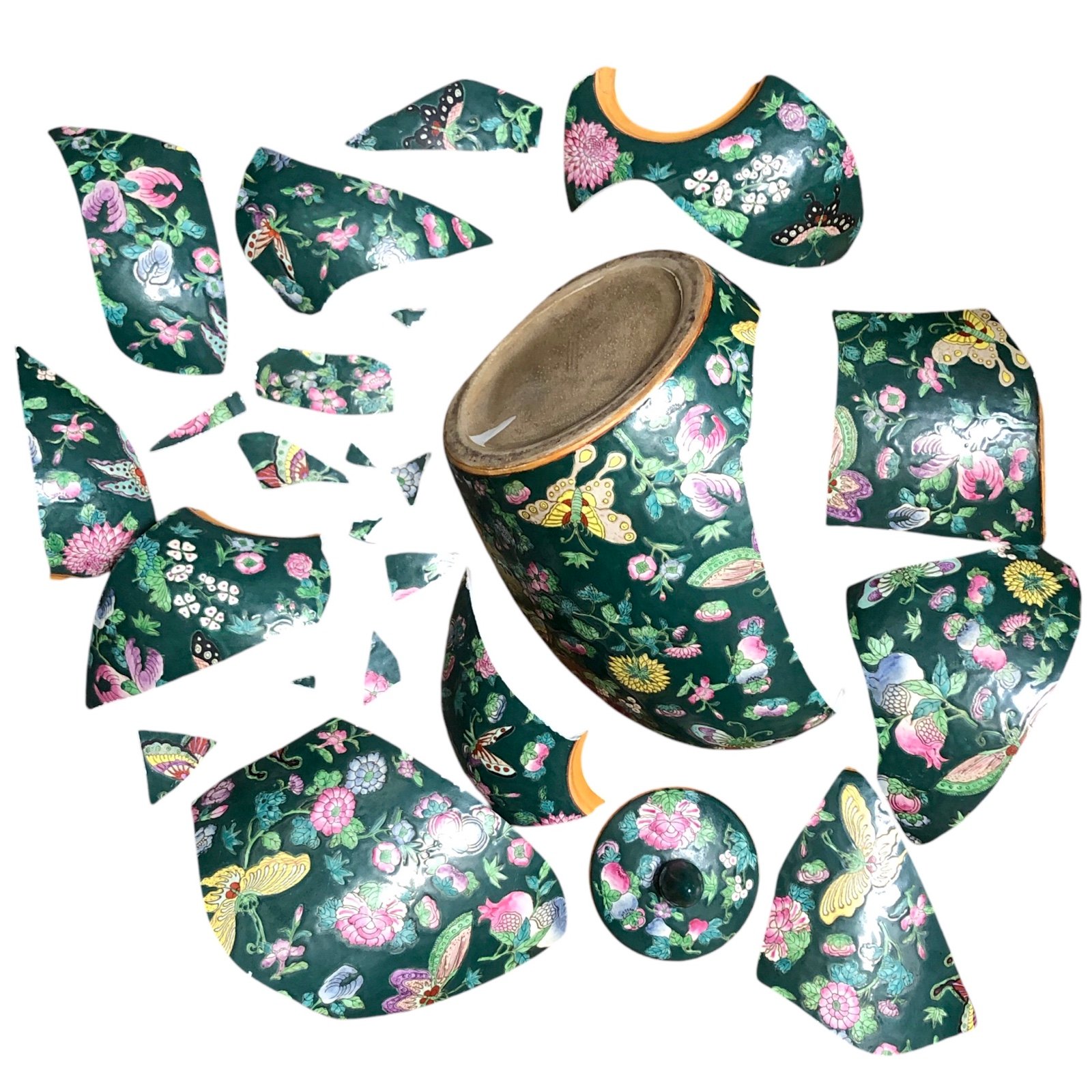 Kintsugi Temple Jar 13” Hunter Teal Butterfly Floral Gold Crack Gift Coming Soon