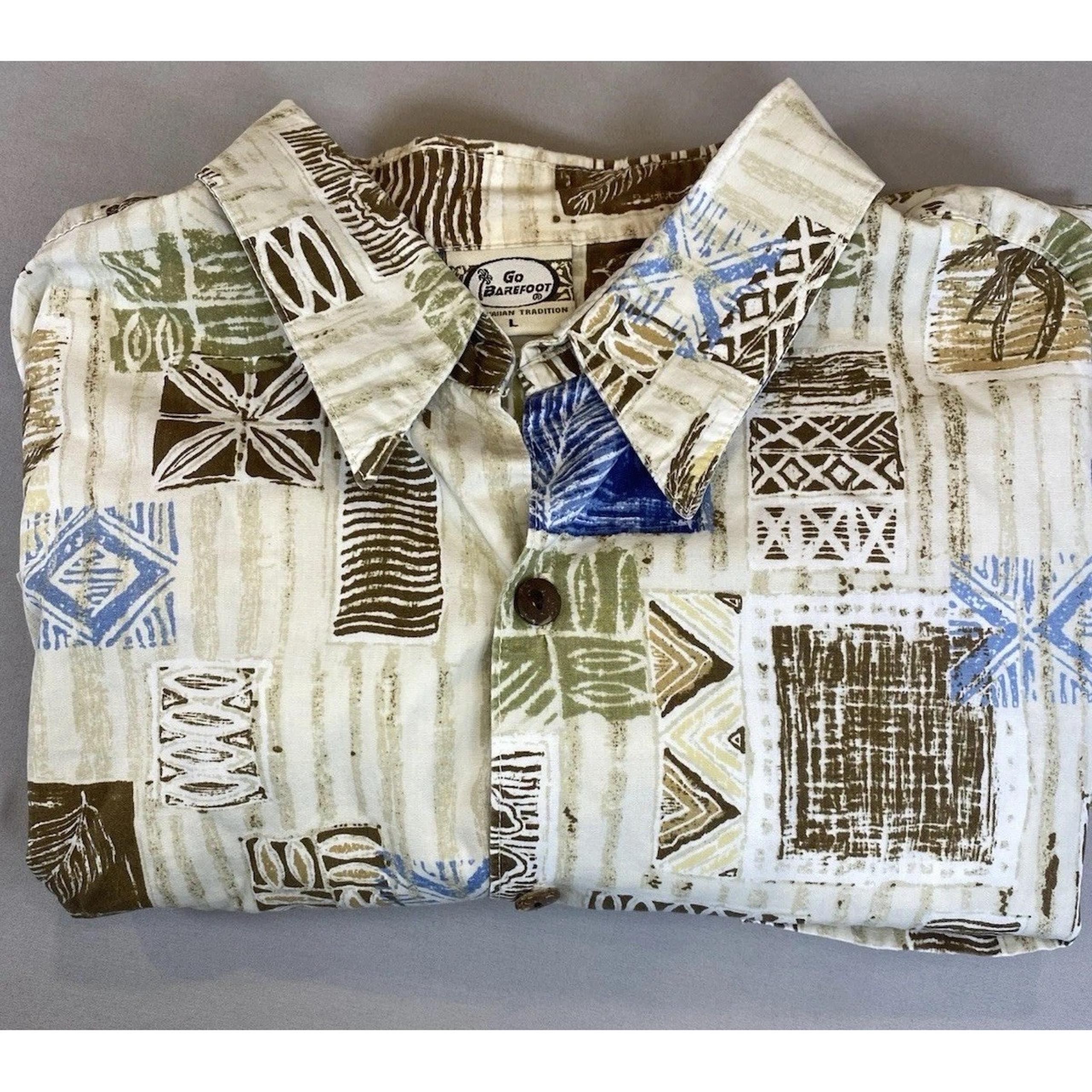 Go Barefoot Hawaiian Shirt Mens Large Button Down Short Sleeve Tiki Beach Surf