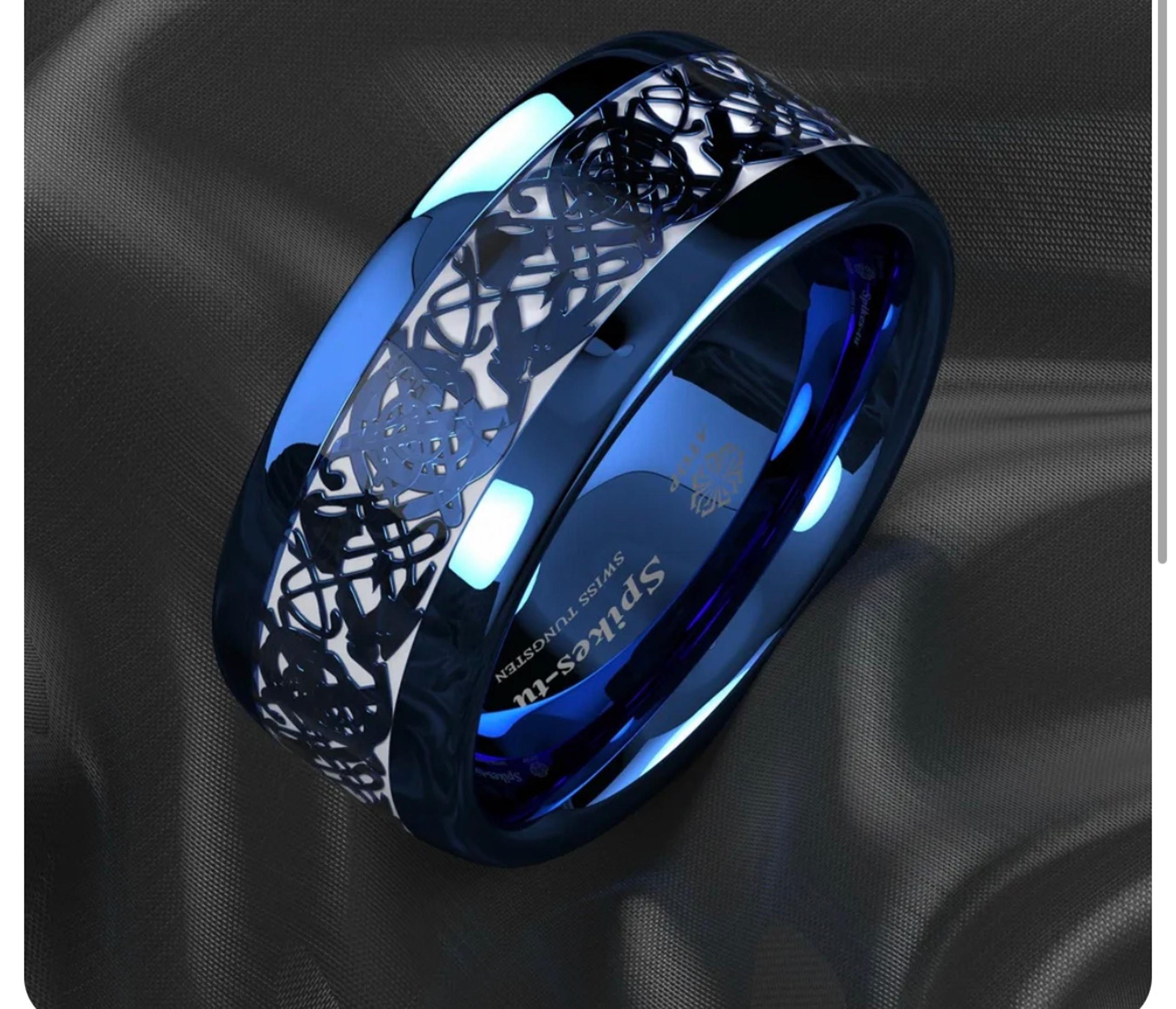 8MM Blue Tungsten Celtic Dragon Ring Size 11.5