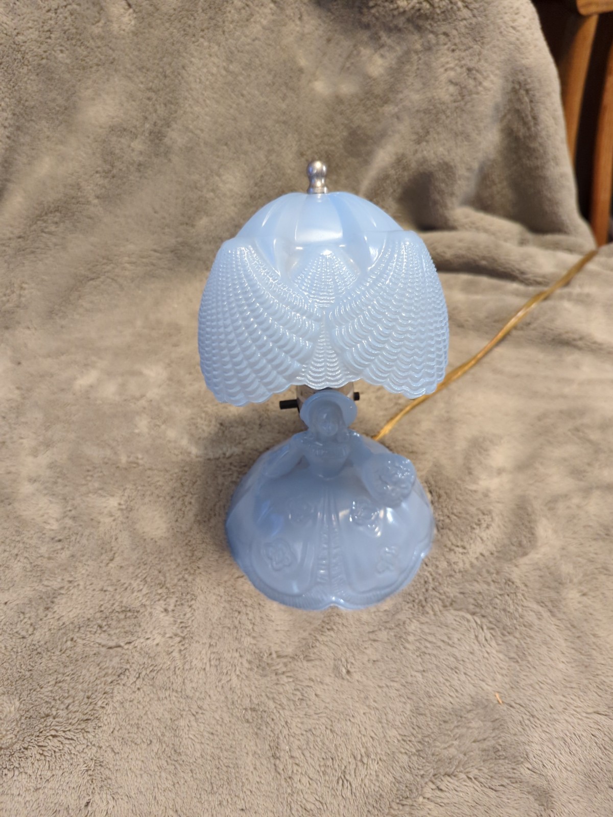 Baby Blue Satin Glass Southern Belle Blue Boudoir Lamp, Circa 1930's