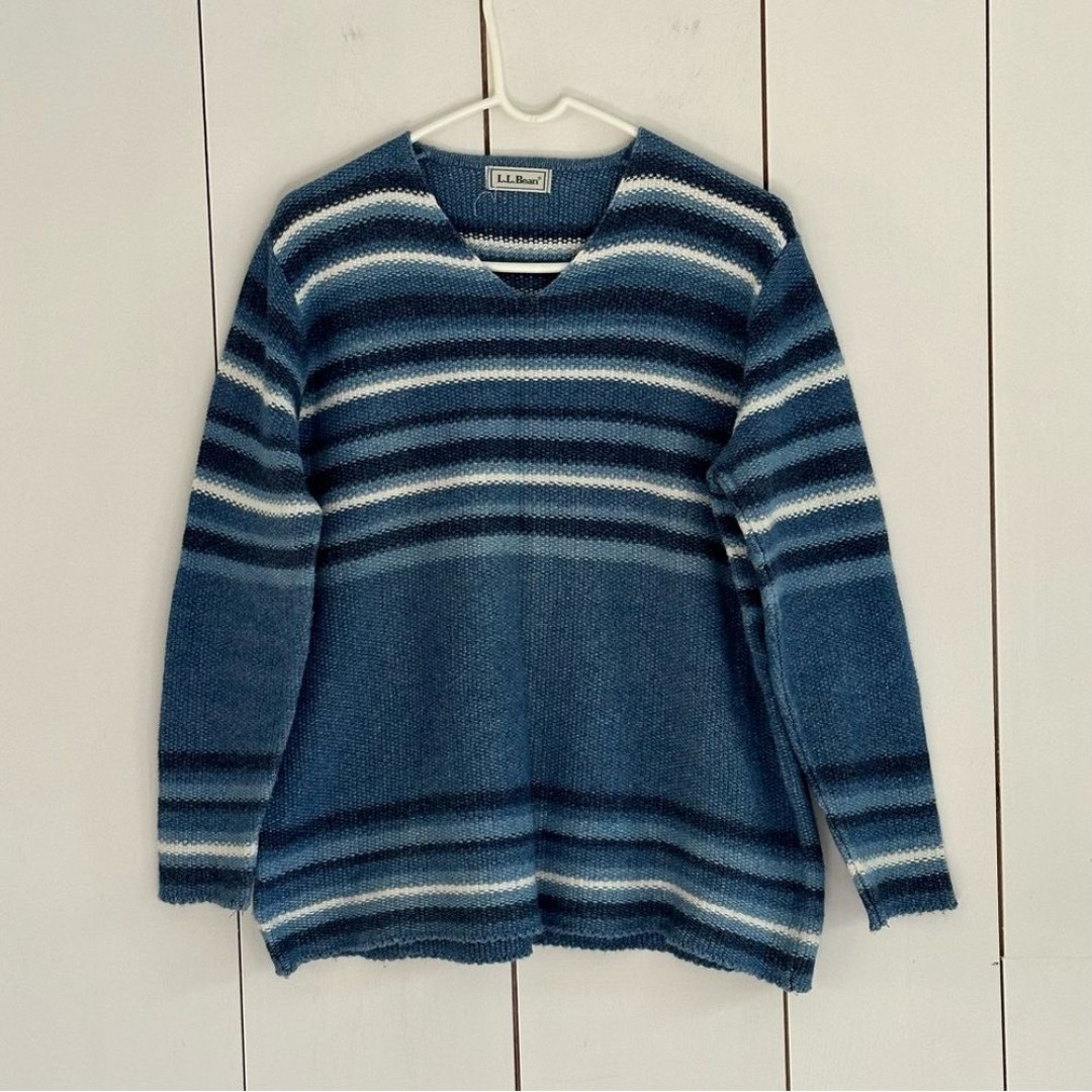 LL Bean Vtg 90's Striped Sweater Blue Baja Style Coastal Fisherman Beachy