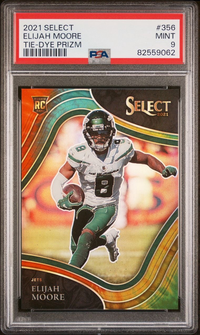 2021 Panini Select #356 Elijah Moore Tie Dye Prizm /25 Rookie PSA 9 Field Level