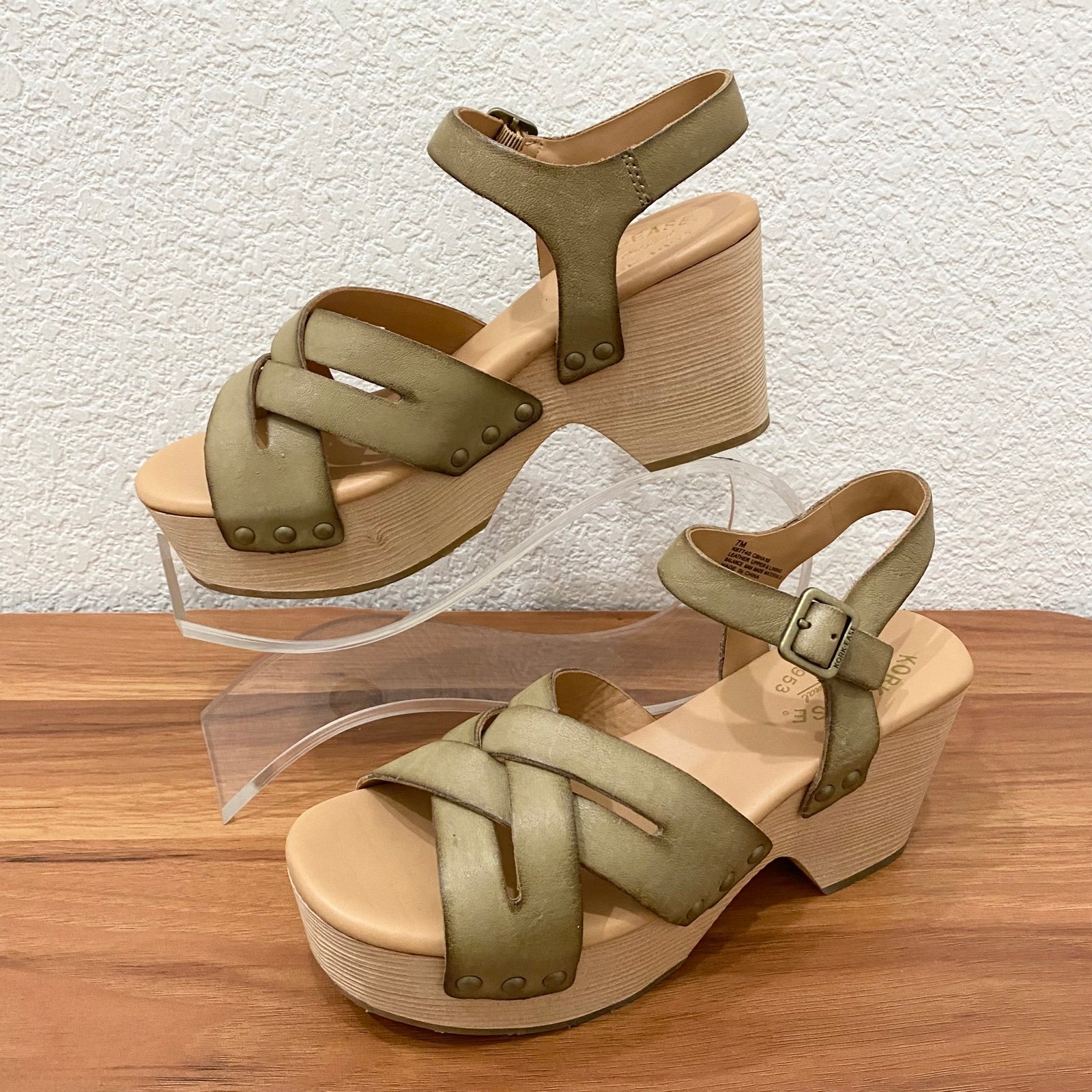 KORK-EASE Wilde Green Wausau Wood-Wrapped Wedge Platform Ankle Strap Sandals 7