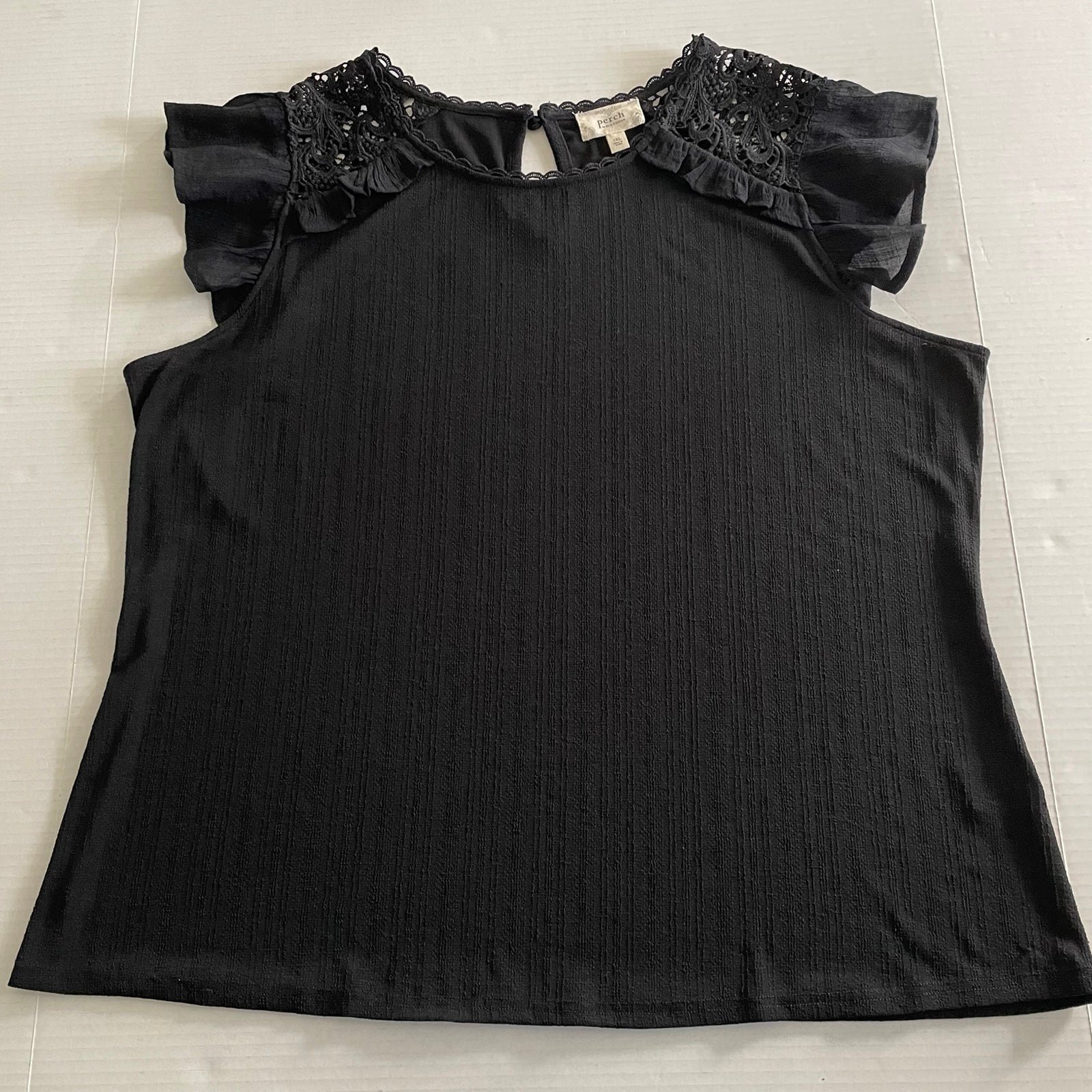 Perch by Blu Pepper Flutter Sleeve Black Blouse Crochet details Women's 1XL
