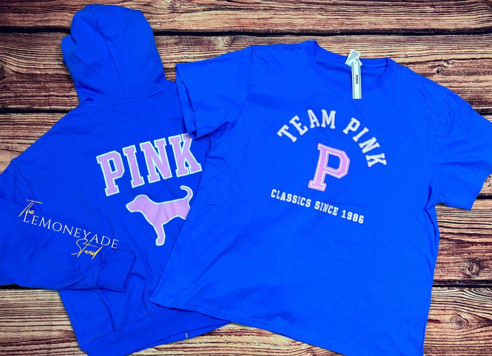 VS PINK Limited Edition Blue TEAM PINK FZ Hoodie Campus SS Tee Bundle XS