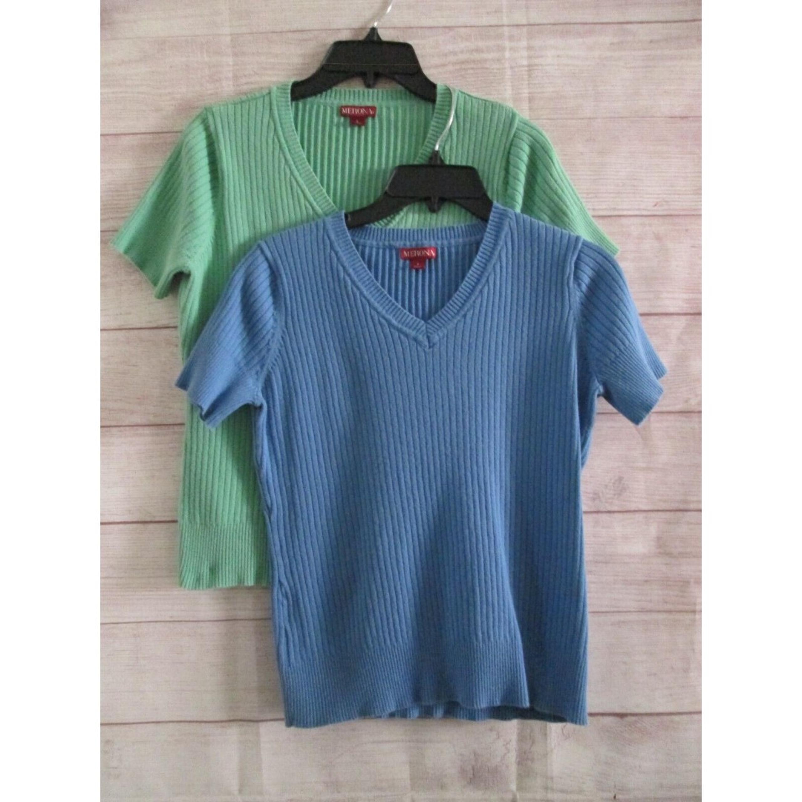 MERONA Lot Of Two Tops Women's size Large Green Blue Short Sleeve Crop Top