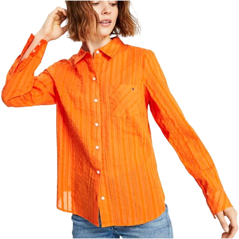 Tommy Hilfiger Cotton Striped Roll-Tab Shirt in Mandarin, Size XL