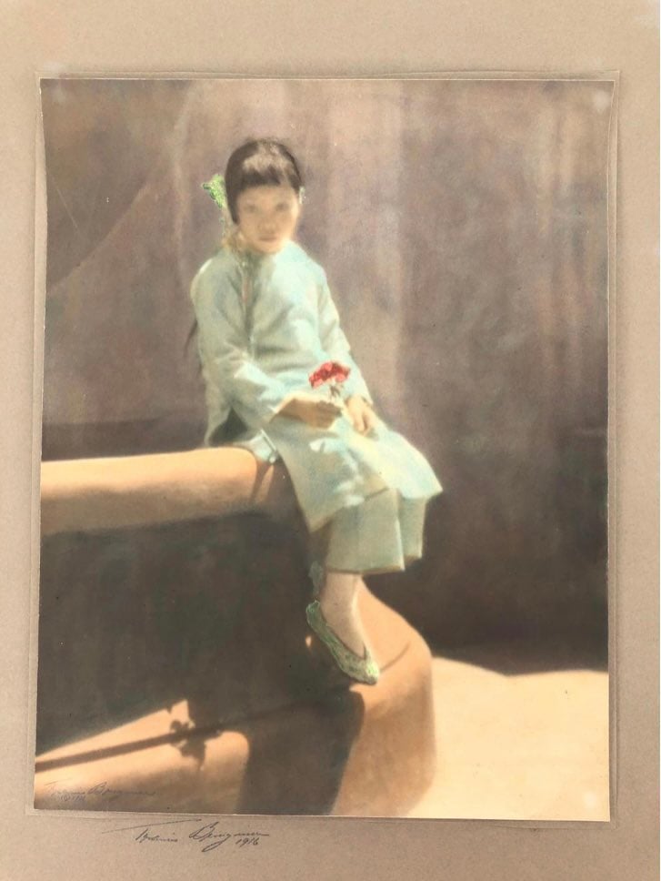 ATQ SIGNED YOUNG ASIAN GIRL HAND COLORED PHOTOGRAPH ON PAPER