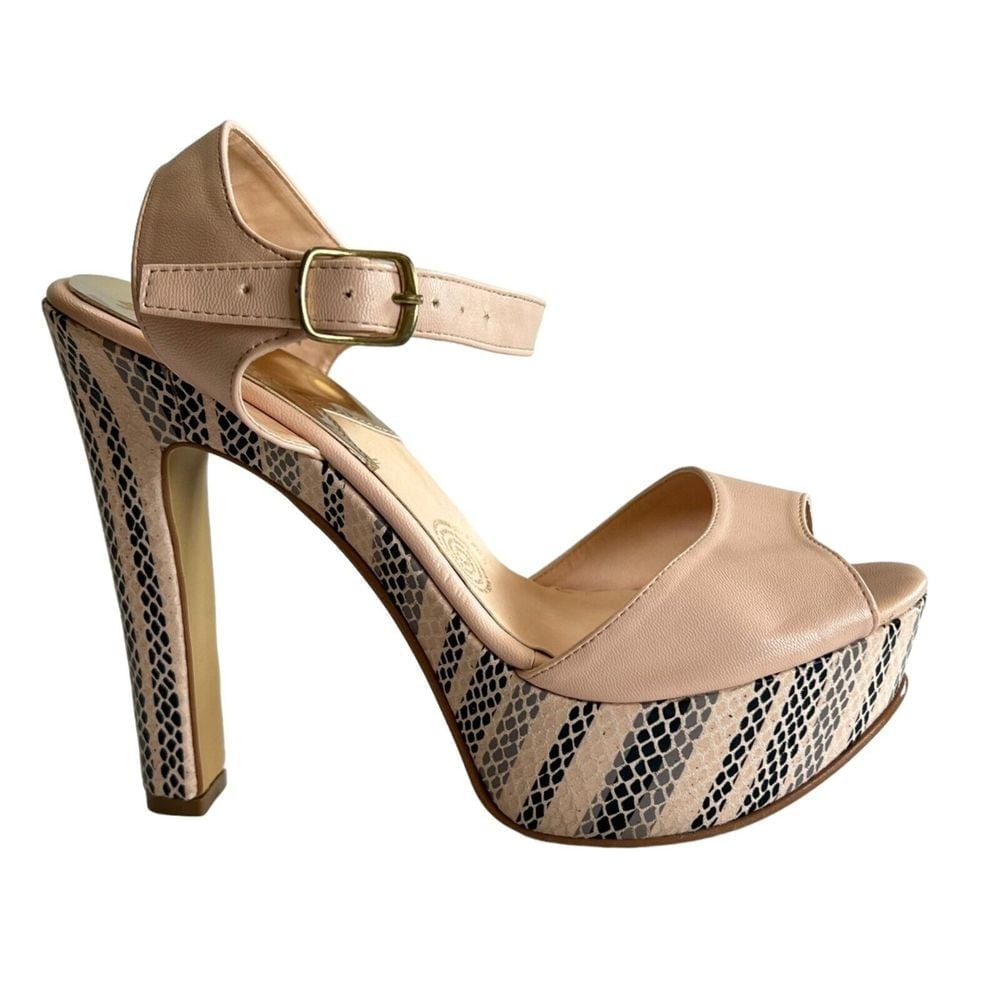 Mundo Terra Nude Pink Snake Print Platform High Heels Ankle Strap 5.5 In Heel 9