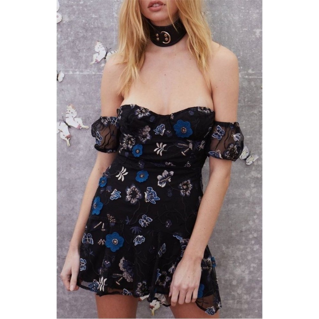 For Love & Lemons Botanic Strapless Dress Butterfly Embroidered 3D Floral Size S