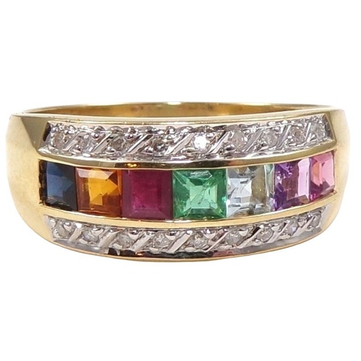 Solid 18K Yellow Gold Multi Color Gemstone 0.10 TCW Natural Diamond Ring Size 11