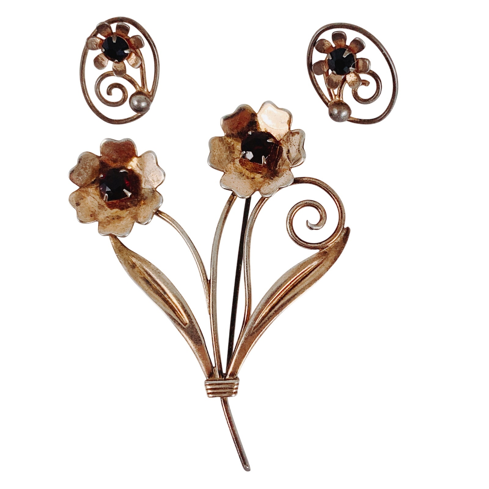 VTG Signed Jaykel Sterling Silver Floral Brooch & Earrings Set, 1940s 1950s MCM