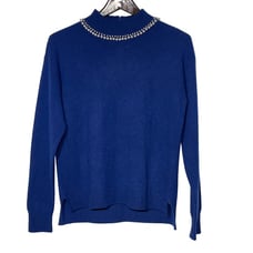Kier + J Cashmere Pearl Mock Neck Sweater Blue Sz SM