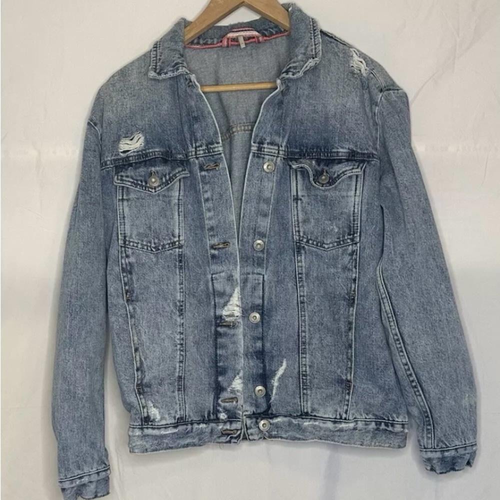 Free People Distressed Denim Jacket - Vintage Blue oversized trucker