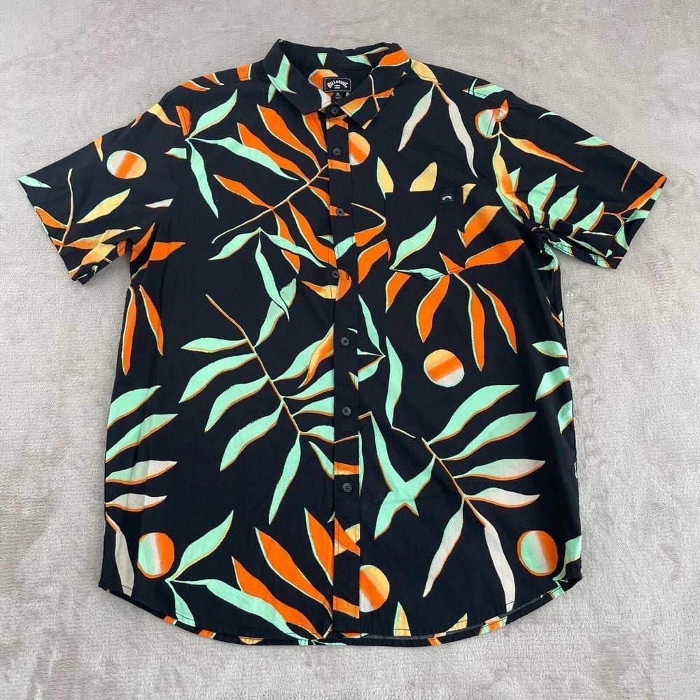 Billabong Hawaiian Shirt Men XL Black Floral AOP Short Sleeve Beach Surf