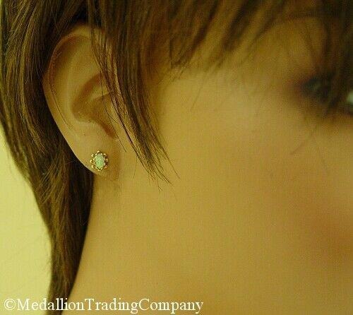14k Yellow Gold Fire Green Orange White Opal Daisy Dot Flower Stud Earrings
