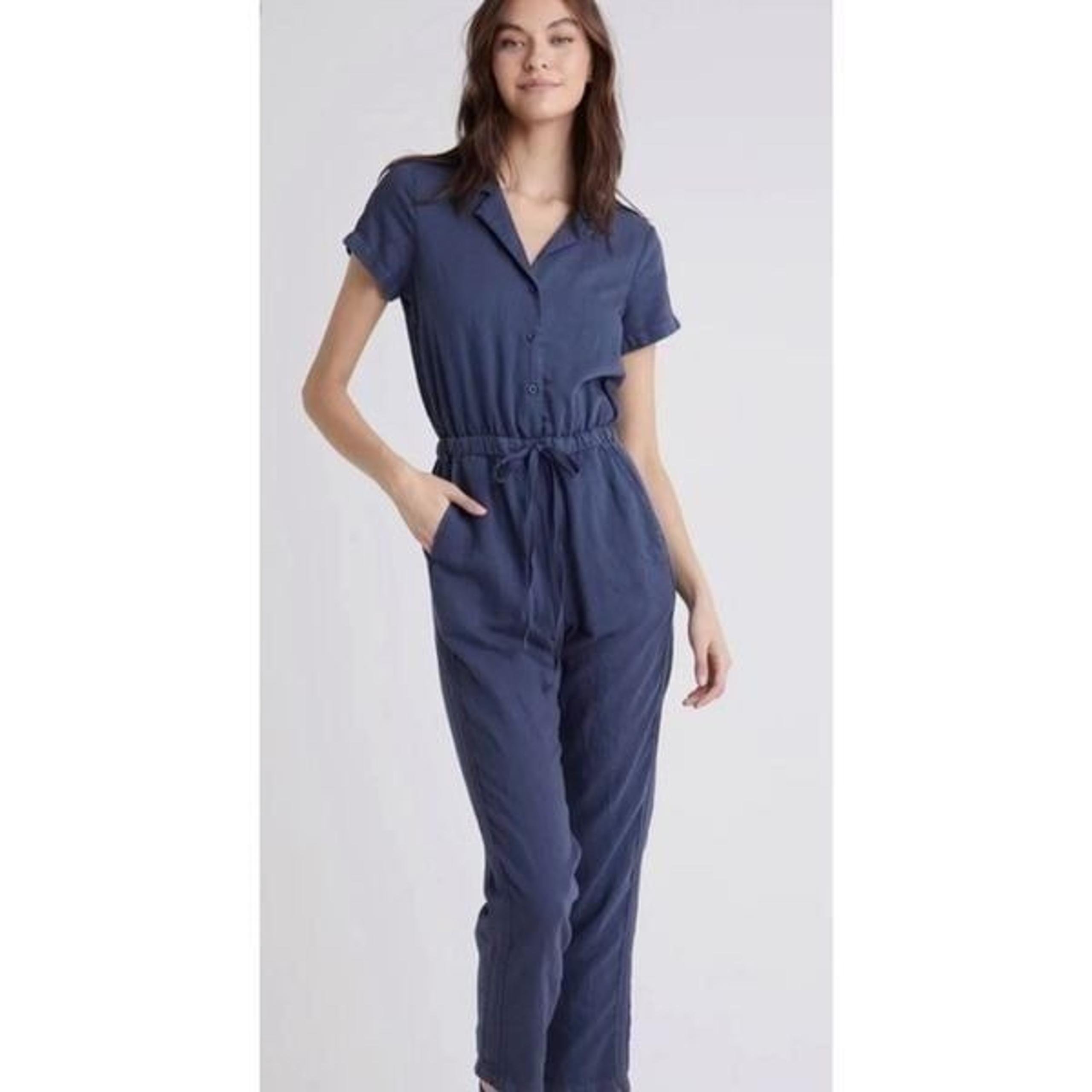 Bella Dahl Womens Notch Collar Linen Blend Straight Leg Jumpsuit Blue Medium NWT
