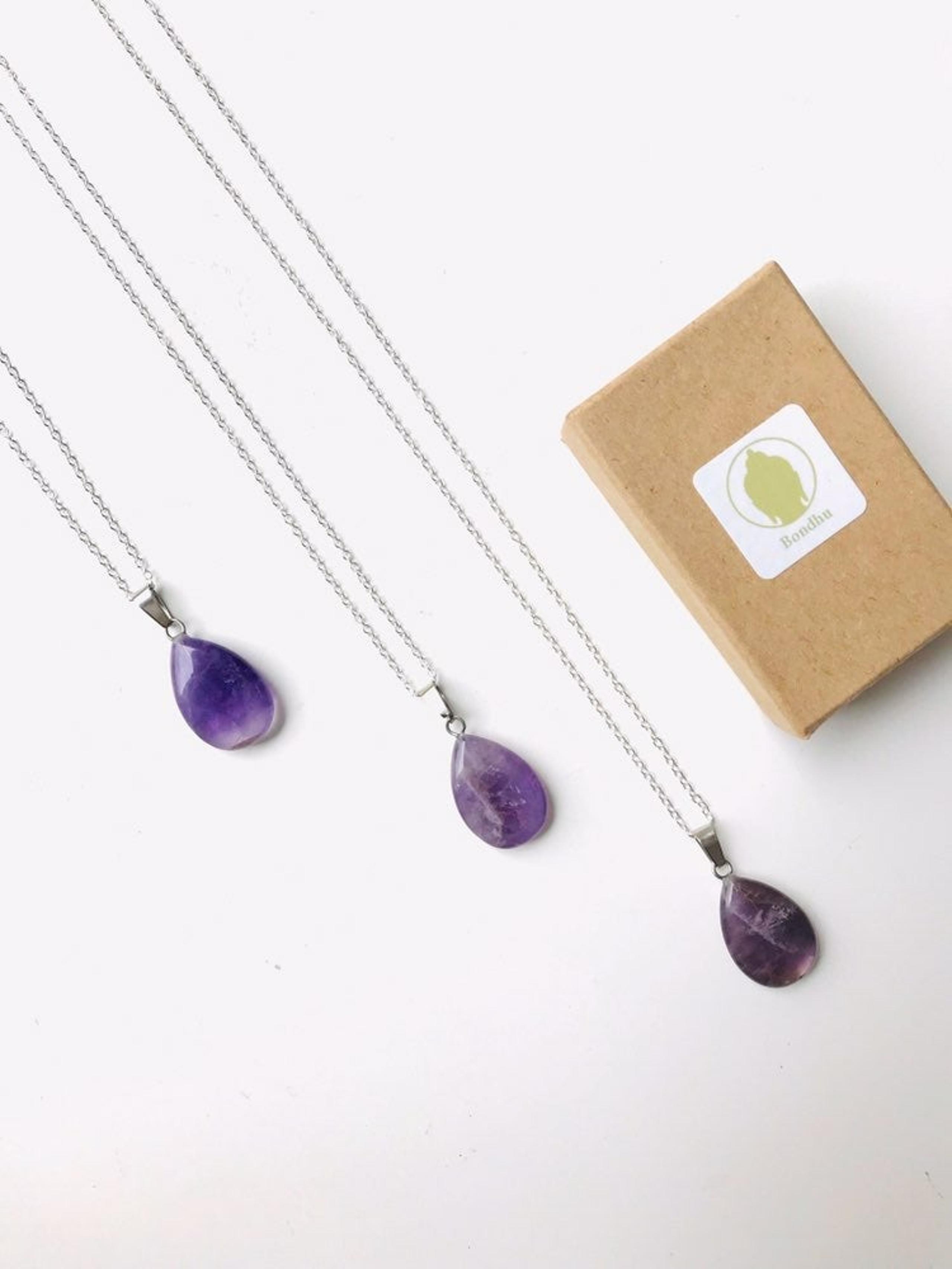 Purple Amethyst Quartz Crystal Teardrop Stone Sterling Silver 925 Necklace - Bondhu