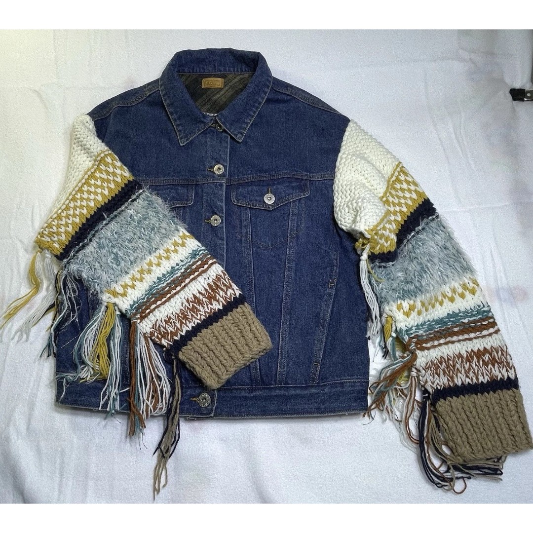 POL Ladies Denim Jacket Multicolor Crochet Sleeves Size Medium BOHO Hippy