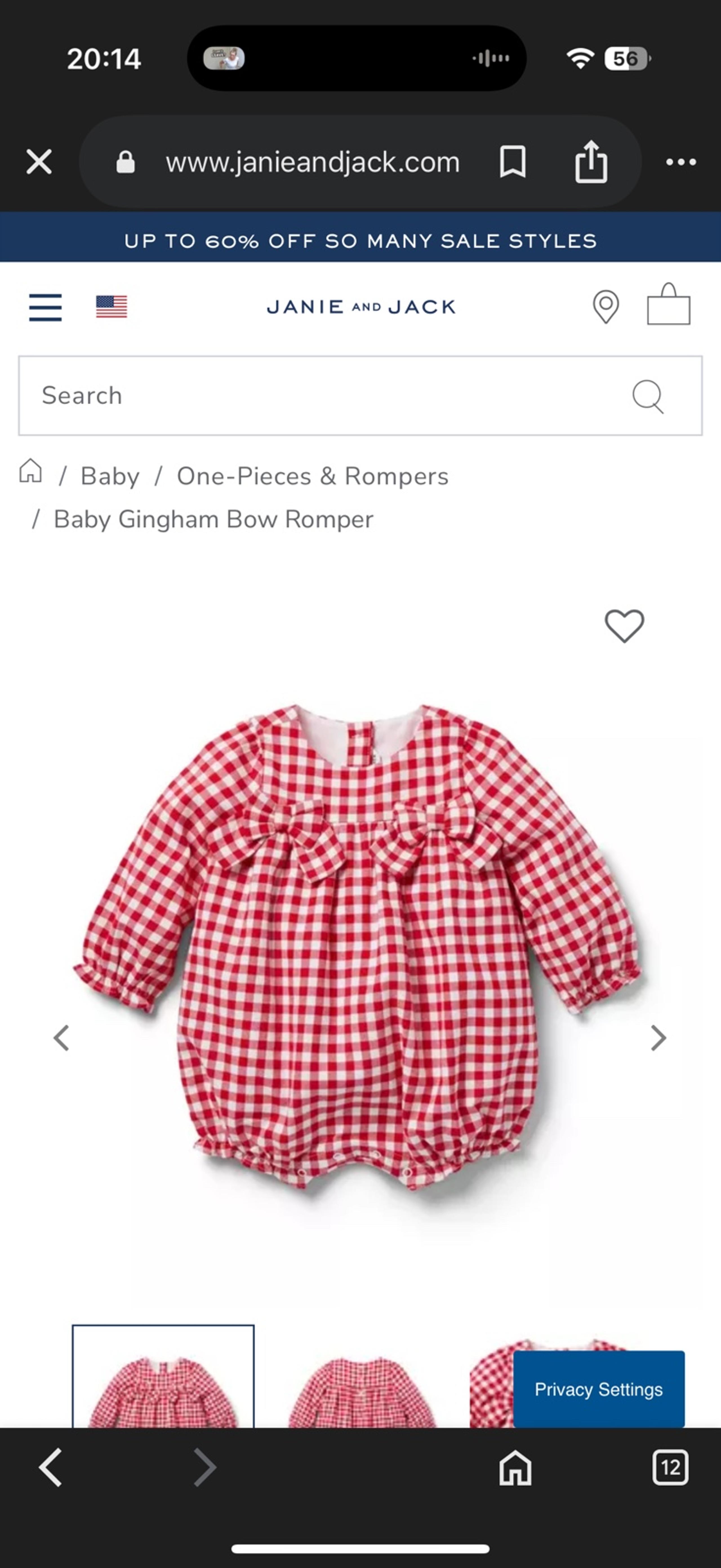 Janie and Jack Baby Gingham Bow Romper size 0-3m