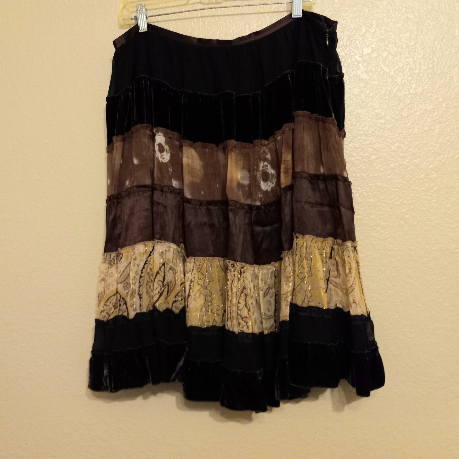 BCBG Max Azria Patchwork Velvet Silk Boho Brown Beige Skirt