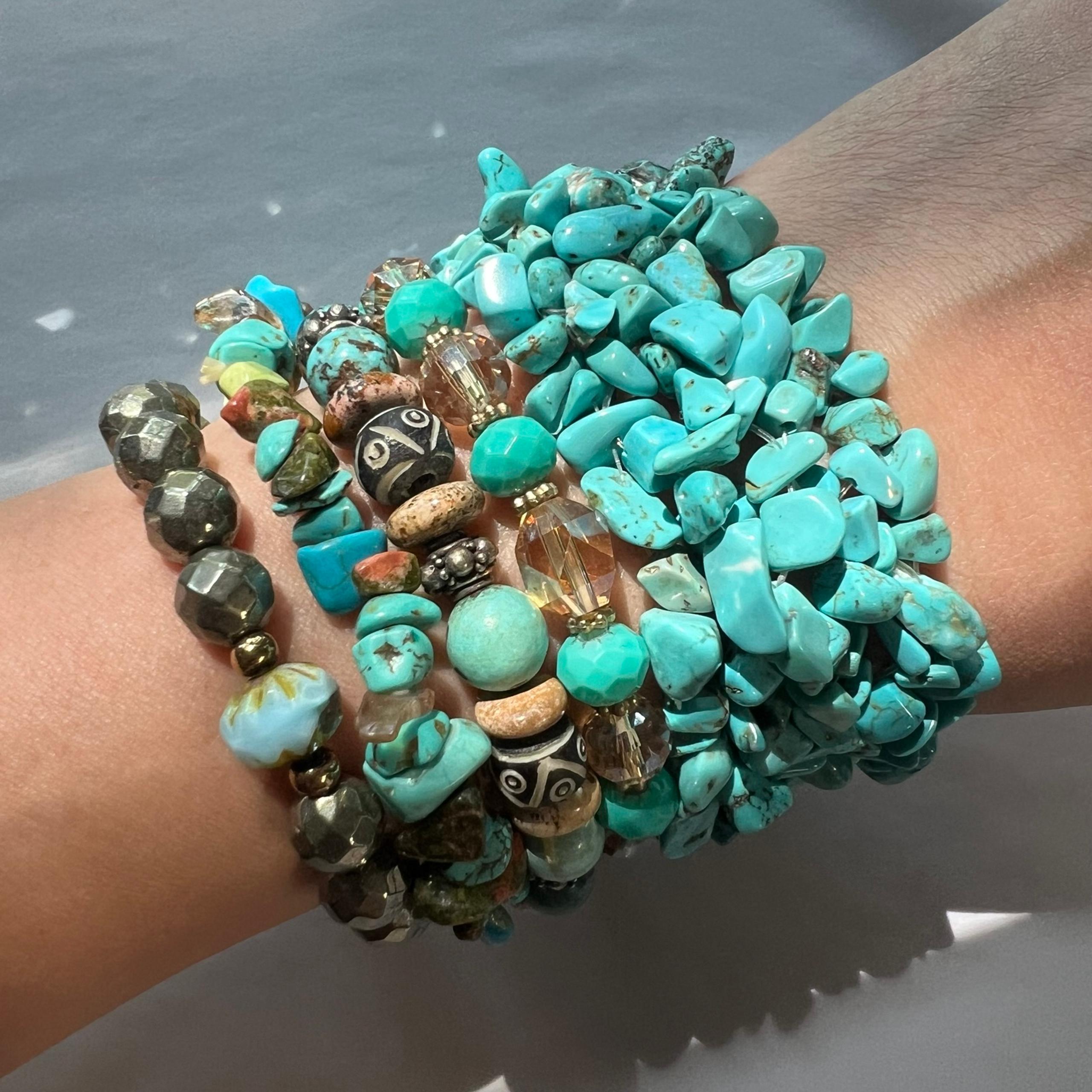 Mixed Turquoise Stone Glass Beaded Costume Stretchy Boho Bracelet Lot of 5