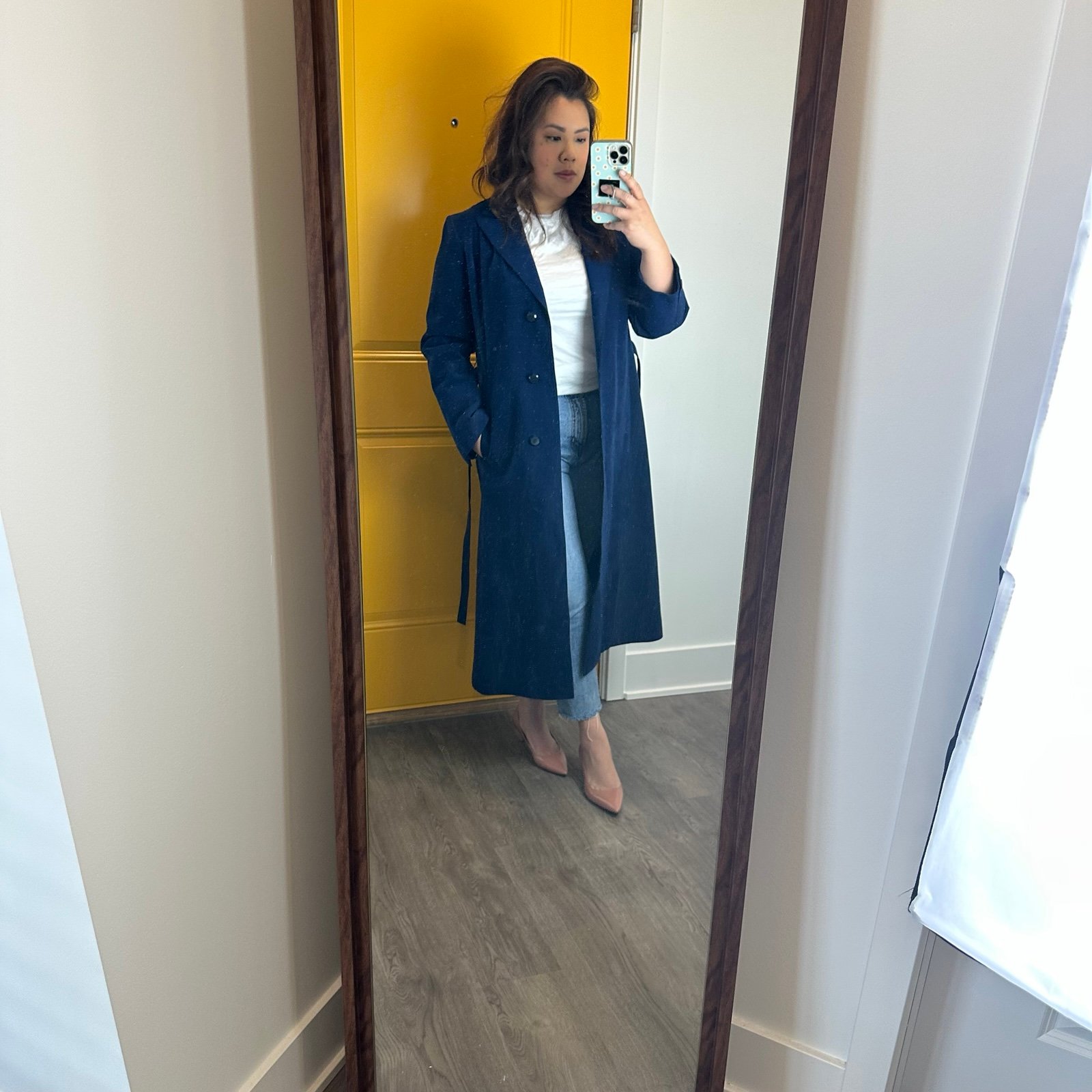Blue suede leather trench coat