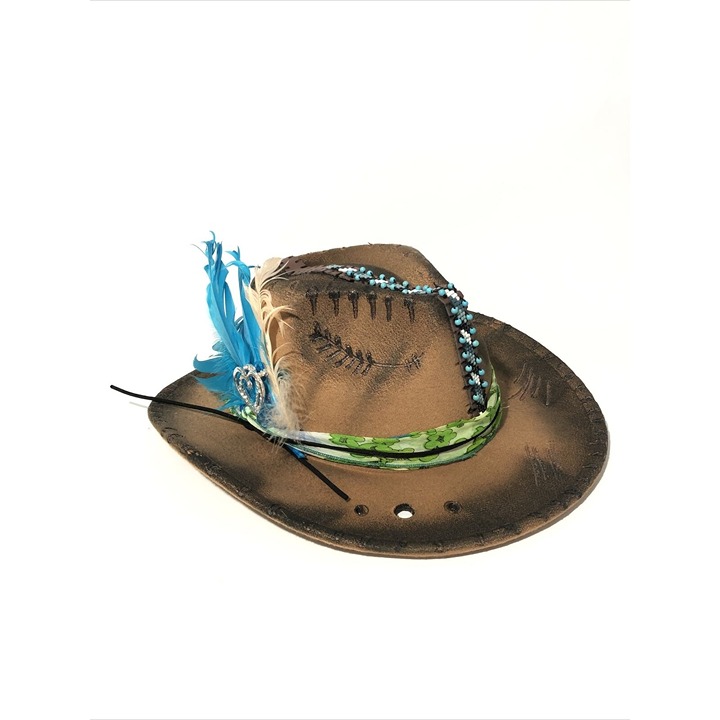 Tazzle’s 1of1 Womens Custom Western Fedora Hat-Brown W/ Teal Feathers, Beads Etc