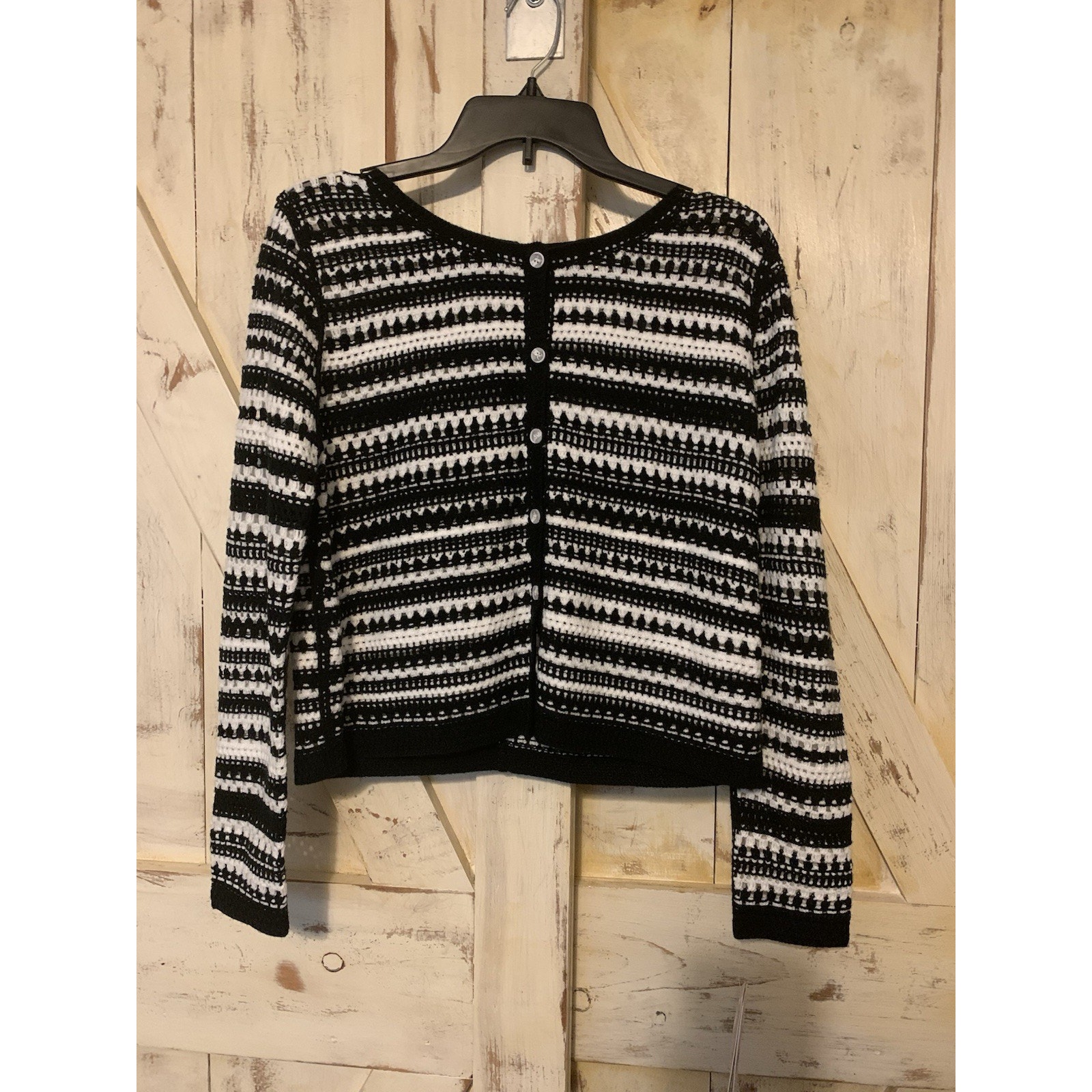 Nanette Lepore Crochet Cardigan Sweater Black White Cotton Long Sleeves Size S