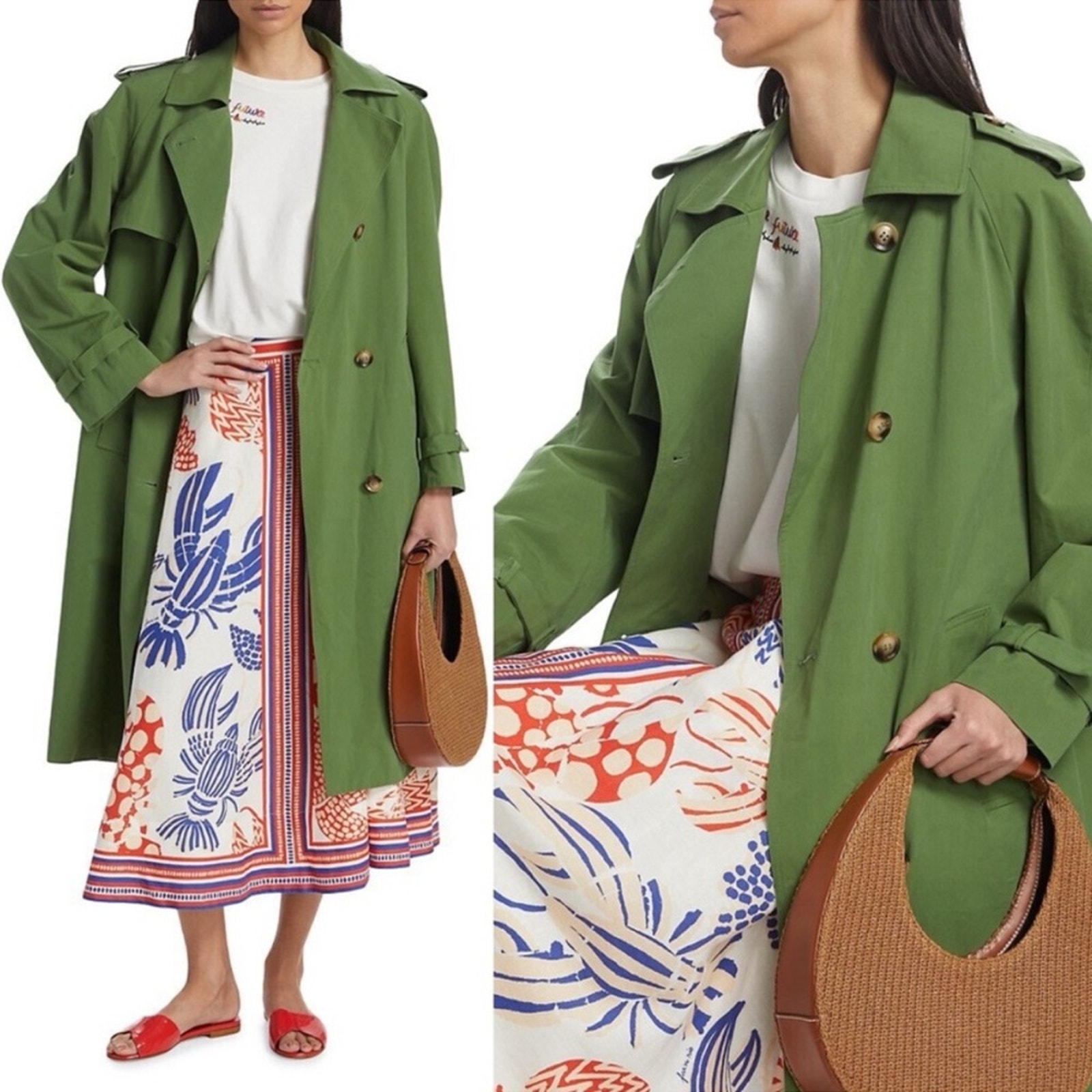 Farm Rio Green Long Double Breasted Trench Coat