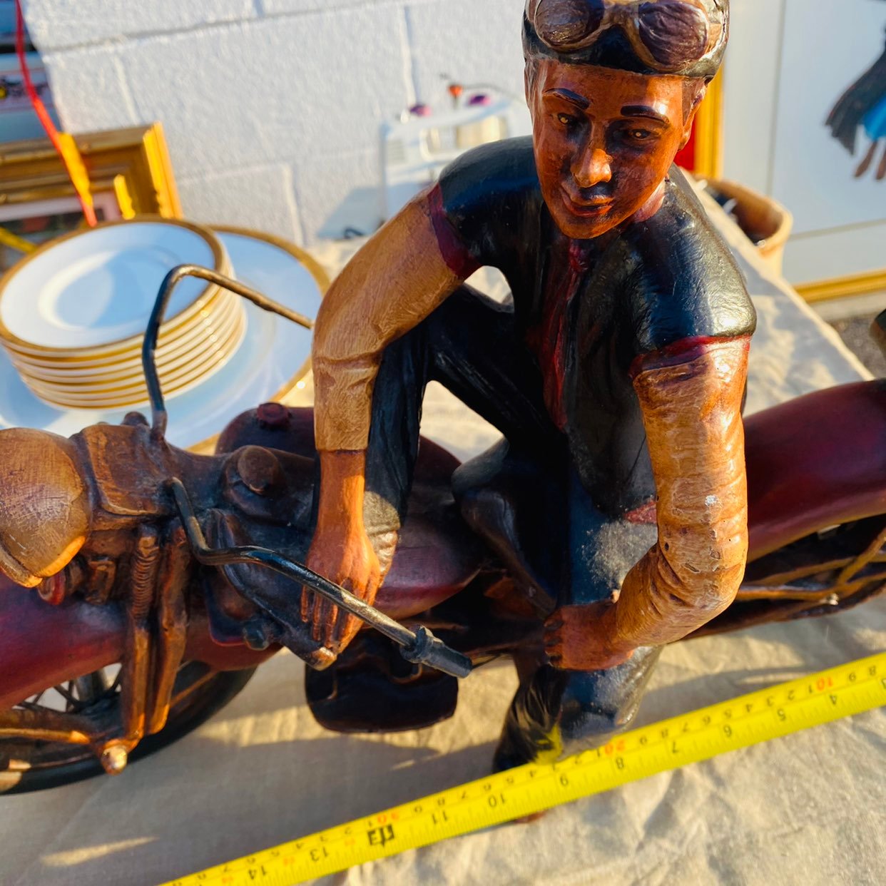 Man on motocycle wood figurine