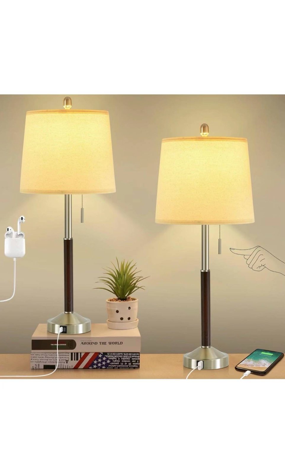 Table Lamps for Nightstand Set of 2, Modern Bedside Lamps with USB Ports