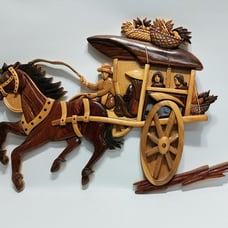 Wood Intarsia Rickshaw Wall Hanging Horse Cart Oriental 22''