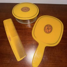 Vintage Art Deco Ivory Celluloid Vanity Set-Mirror/comb/EMBOSSED MONOGRAM