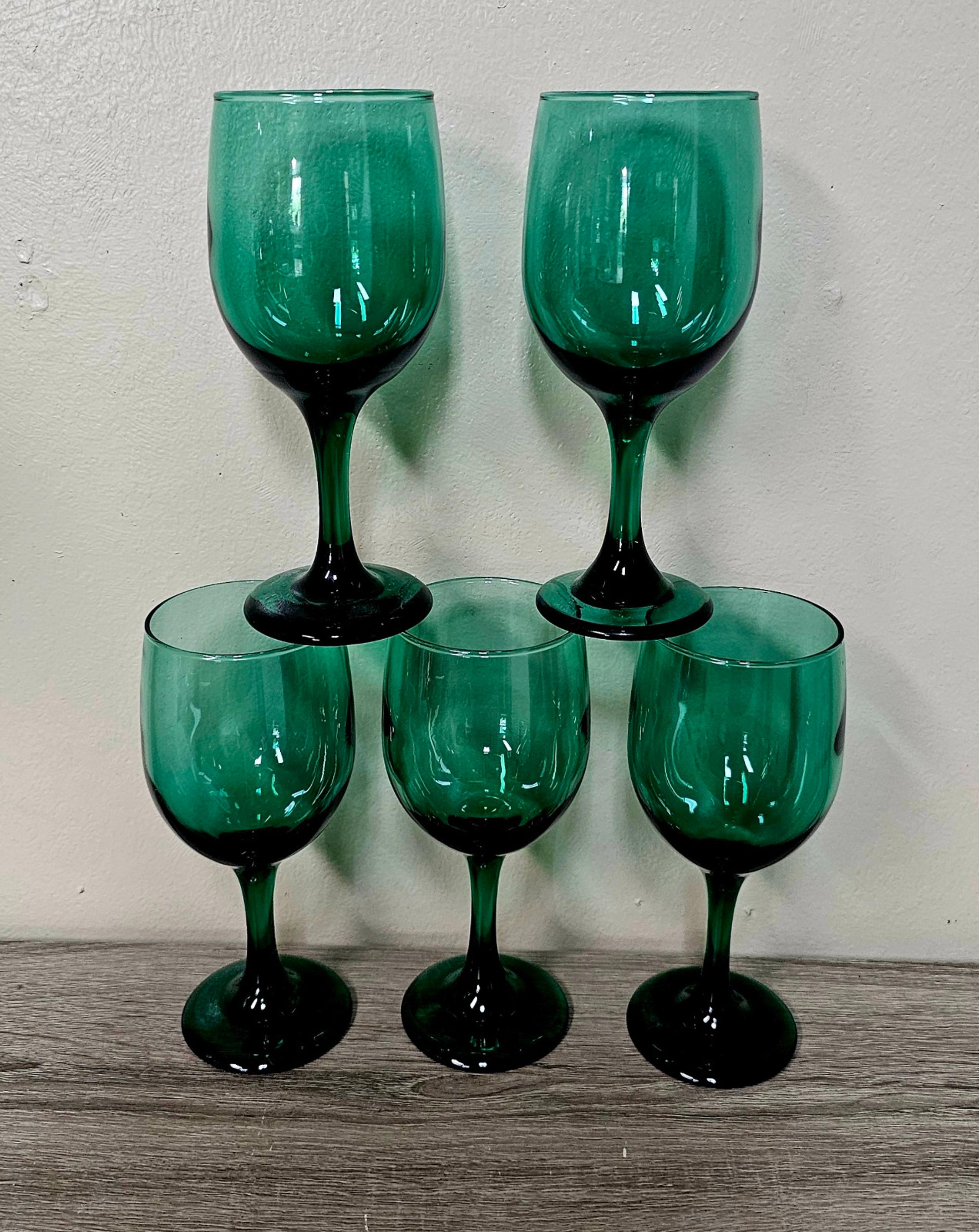 Set of 5 Vintage Libbey Juniper Green Wine Glasses Made In USA