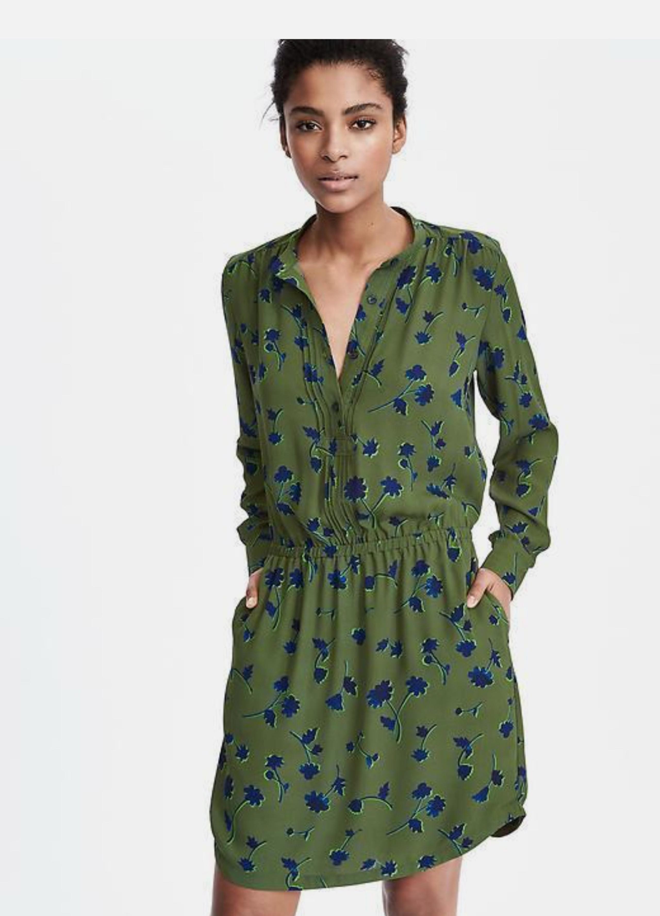 Banana Republic Floral French Shirtdress Lined with Pockets Olive Green Medium