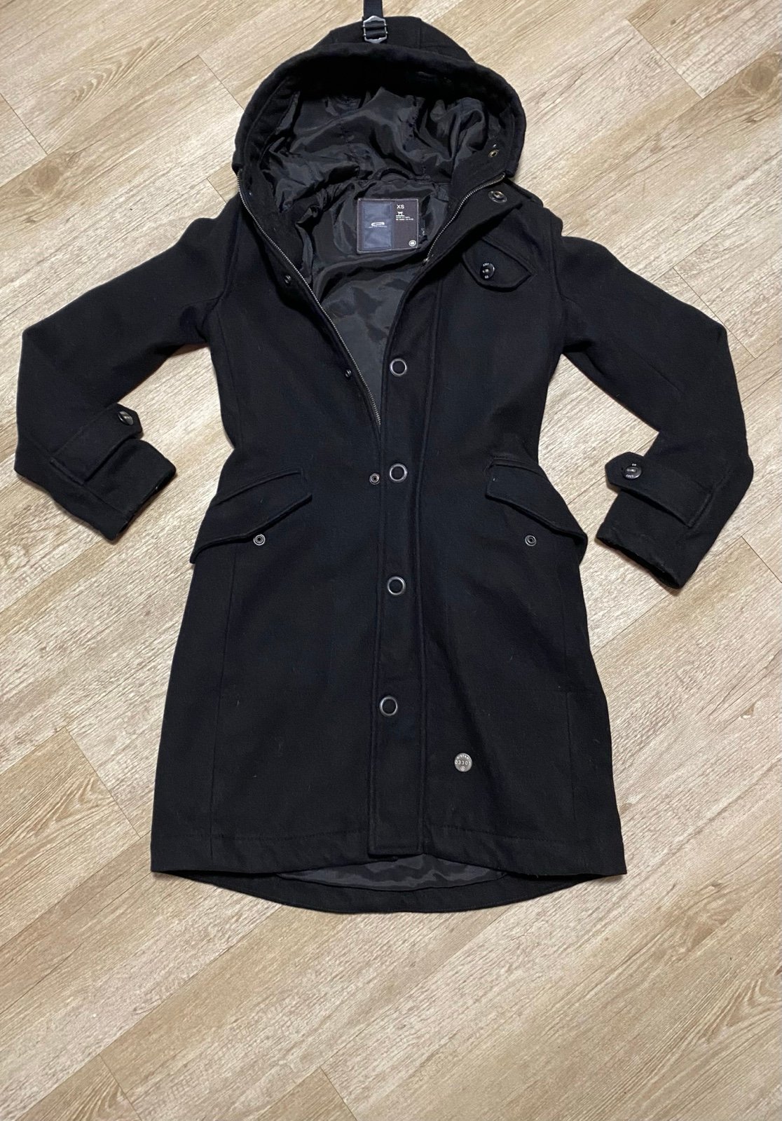 G STAR RAW BLACK HOODED BLENDED WOOL PEACOAT