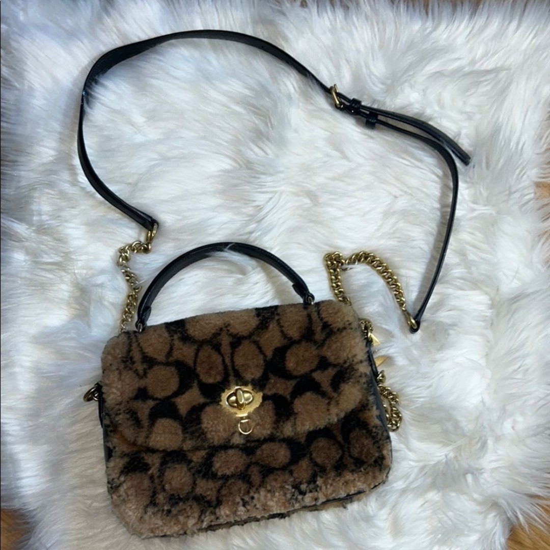 Coach Jennifer Lopez Marlie Top Handle Satchel Monogram Shearling Crossbody Bag
