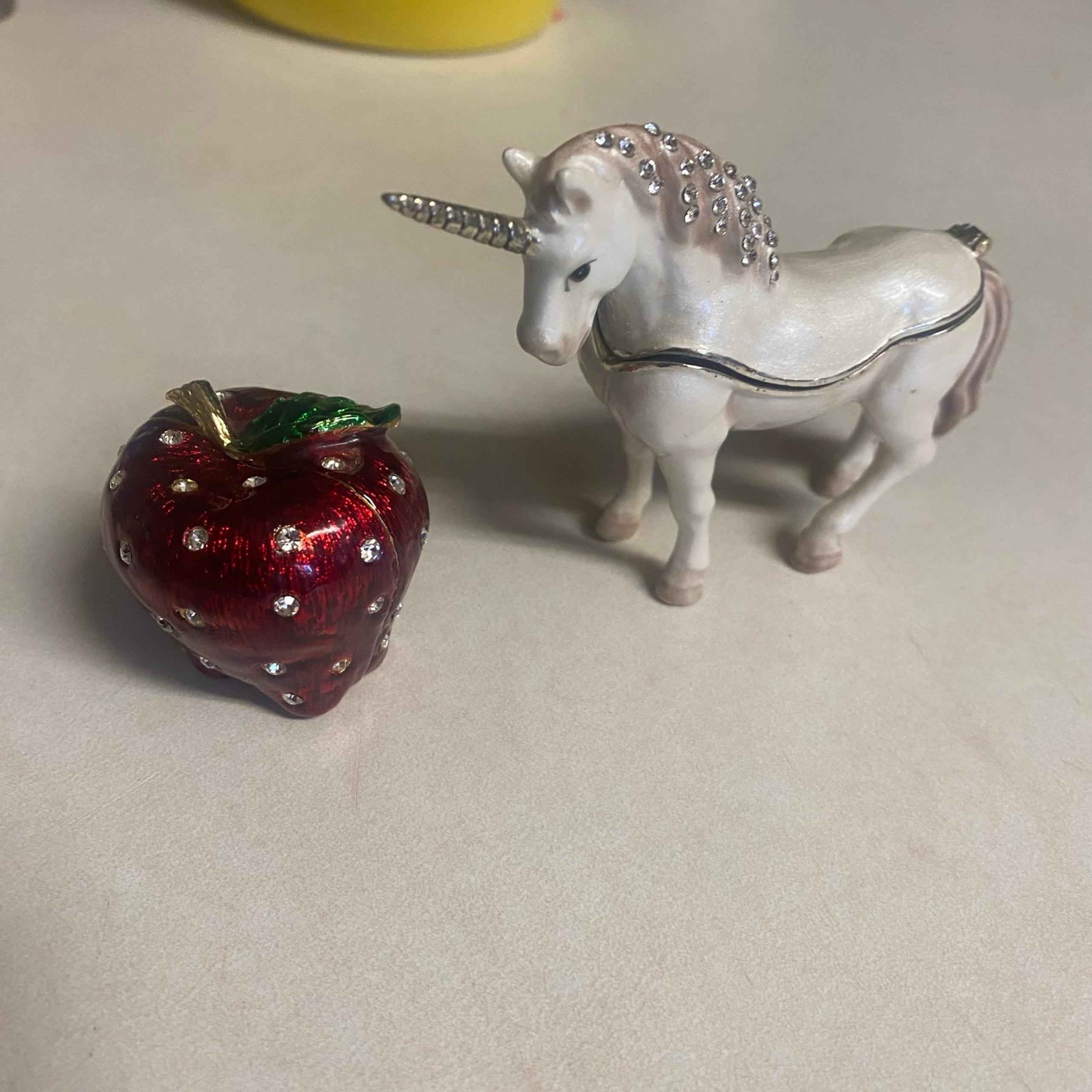 UNICORN and Apple hinged Trinket Box Hand Painted Opalescent Austrian Crystals - Unique