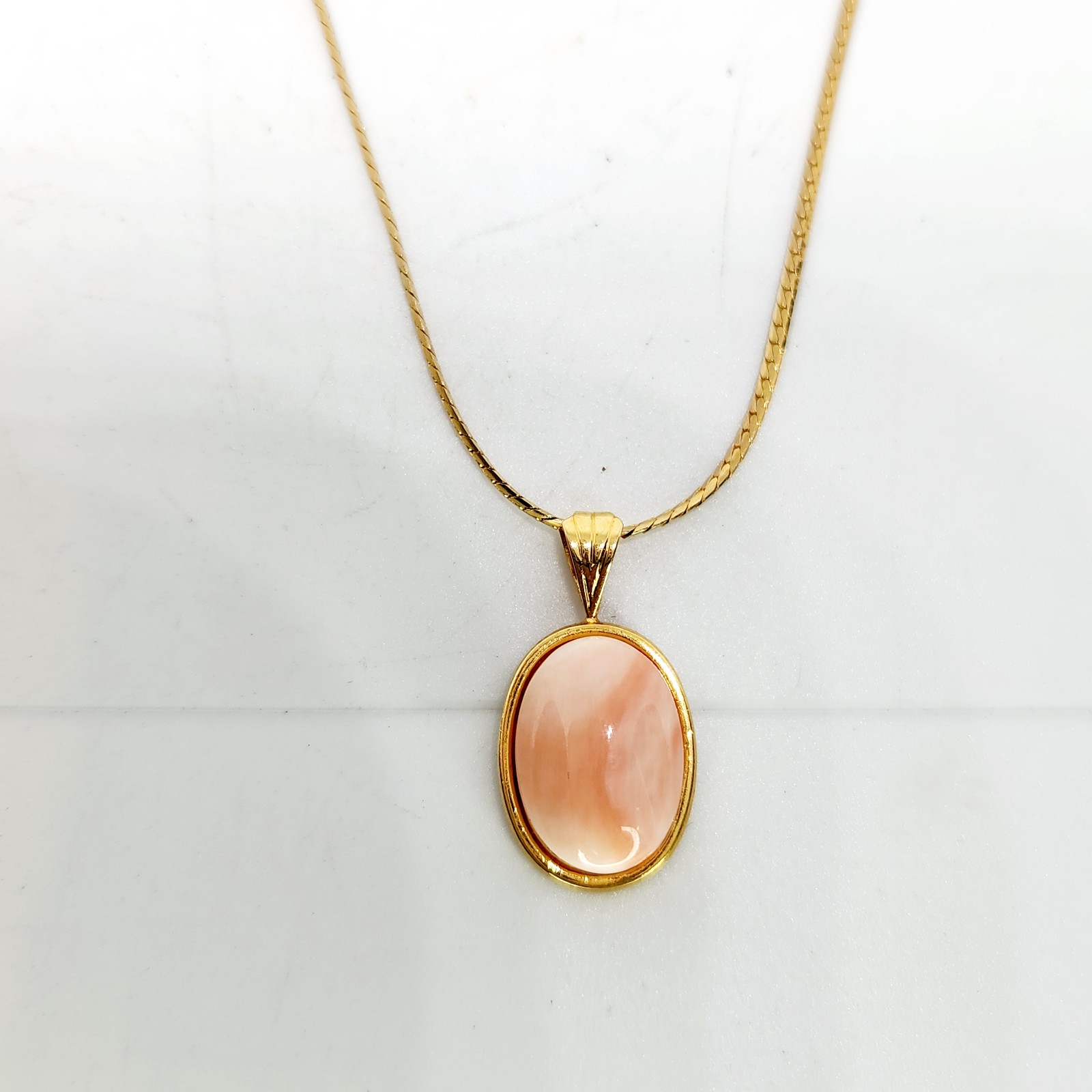 Vintage Coral Necklace Pink Angel Skin Cabachon Pendant Dainty Gold Plated