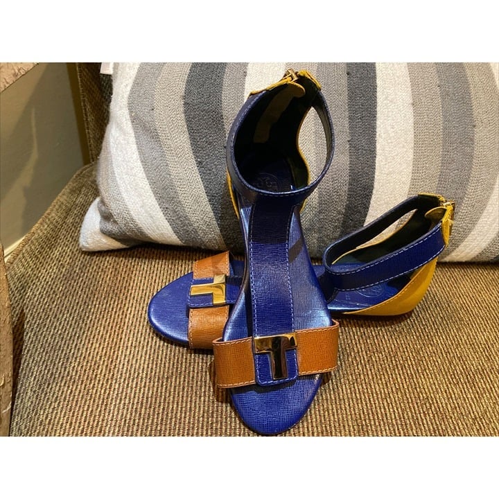 Rare Tory Burch Casey Colorblock Sandals Size 5 Navy Blue/Tan