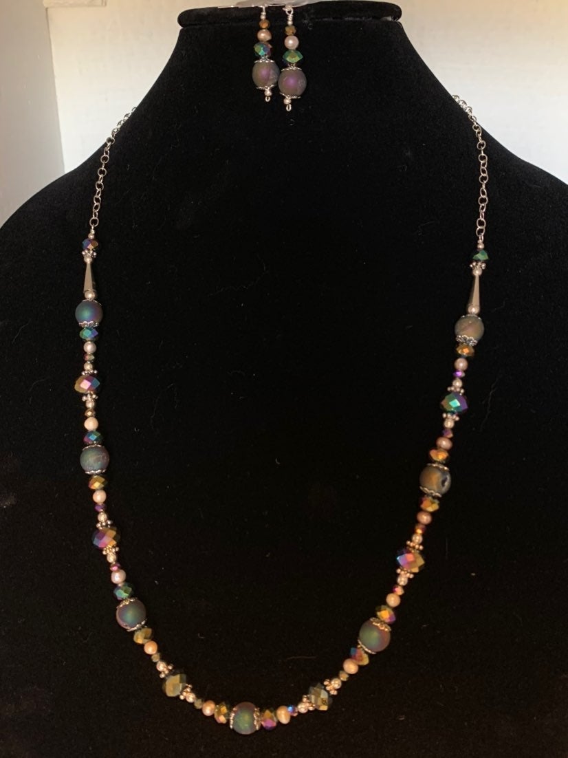 Rainbow druzy sterling necklace set